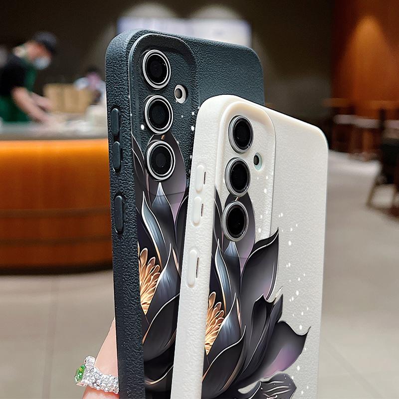 Black Lotus Pattern Case For Samsung Galaxy S24 S25 Ultra Edge S23 Plus S22 S21 FE A34 A54 A15 A35 A55 A16 A26 A36 A56 5G Capa