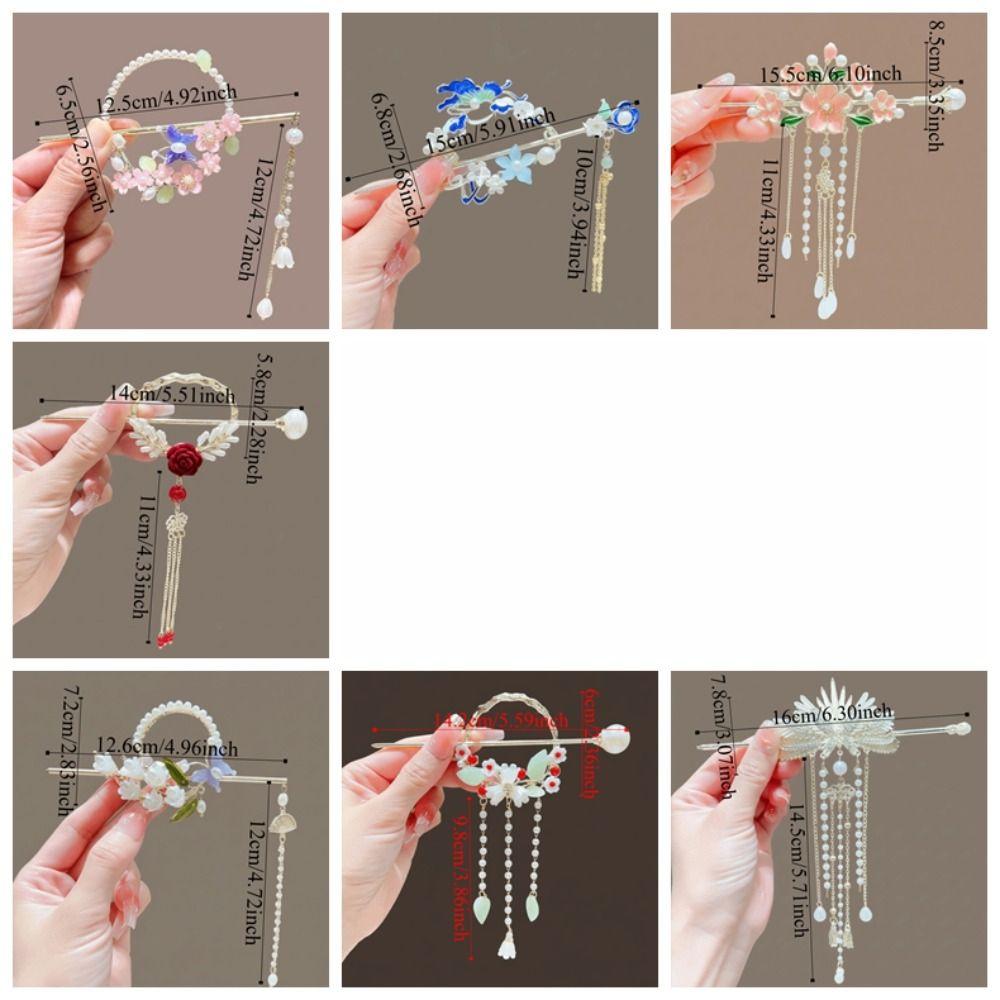 Elegant Hanfu Hairpin Vintage Long Tassels Floral Hair Accessory Flower Design Alloy Material Pearls Hair Sticks Daily Use