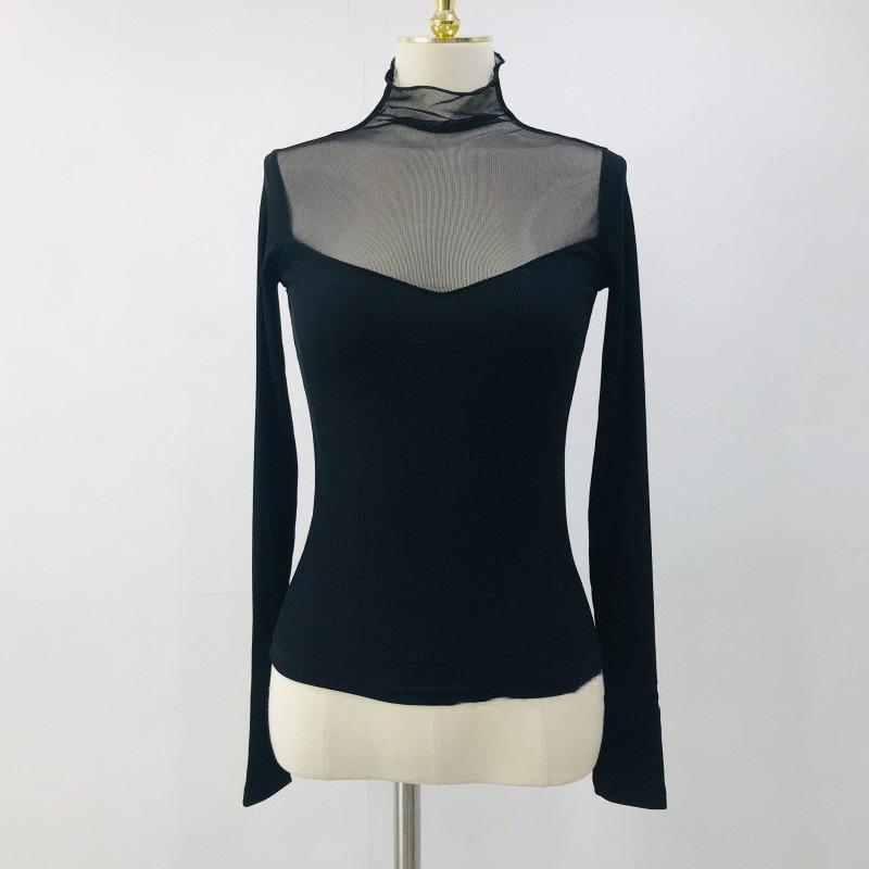 Korean Dongdaemun Women s High Neck Lace Mesh Splice Long Sleeve T-shirt One Size
