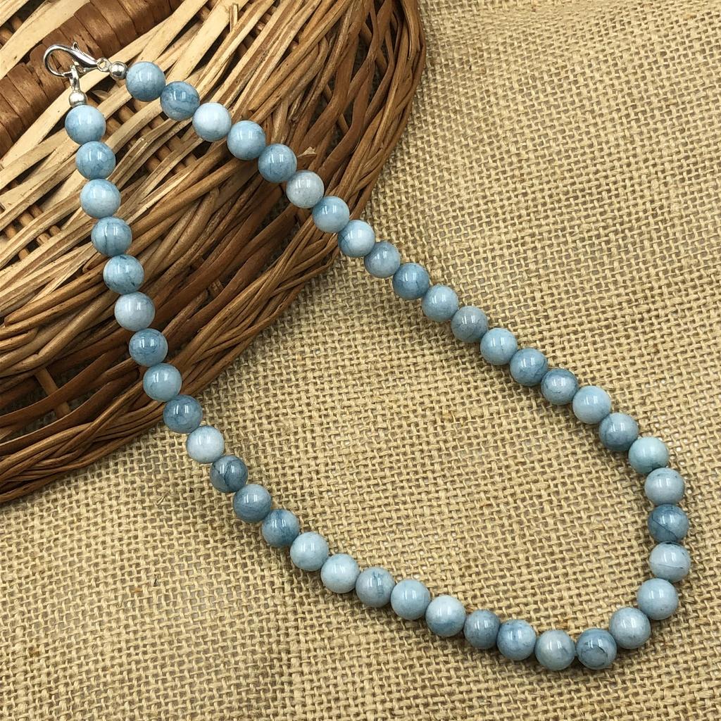 8mm Přírodní Akvamarín Barvený B Korálky Drahokamy Šperky Ruční Výroba Krásný Choker Náhrdelník pro Ženy 17-20" K Dárku k Výročí 8BN-62