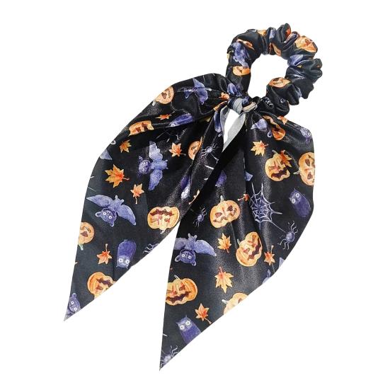 Comfortable Fabric Hair Elastics Halloween Ties for Women Girls, Spooky Spider Web Skeleton Bat Non-damaging Bands Pumpkin Scrunchies, Pleated