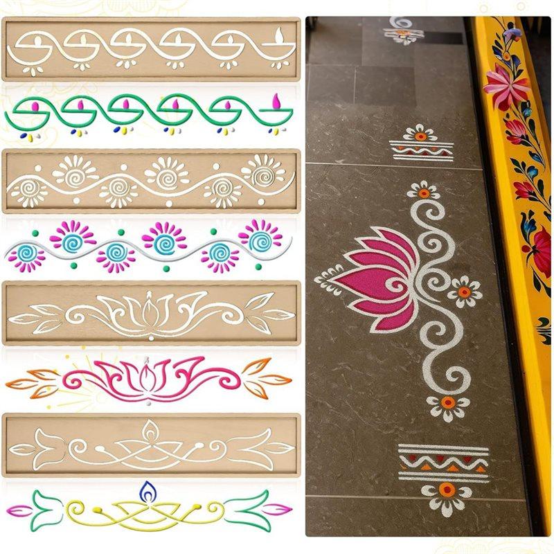 Good-DIY Sand Art Making Kit 8 Pcs 12 Inch Diwali Rangoli Stencils Wooden For Lotus Elephant Peacock Varalakshmi Pooja