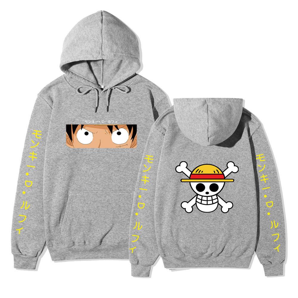 Unisex One Piece Monkey D Luffy Double‑Sided Print Fleece Hoodie, Both‑Sleeves Japanese Text Anime Pullover Hooded Sweatshirt Streetwear
