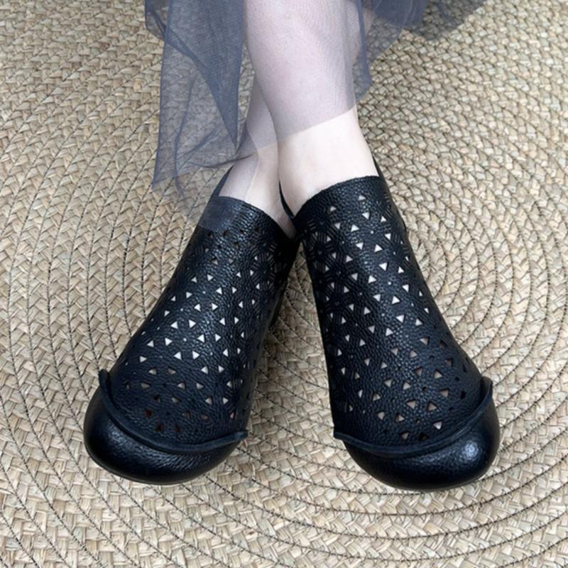 Summer 2025 New Fashion Chunky Heel, Round Head, Back Zipper, Ethnic Style, Hollowed-out Chunky Heel Low-top Sandals for Women