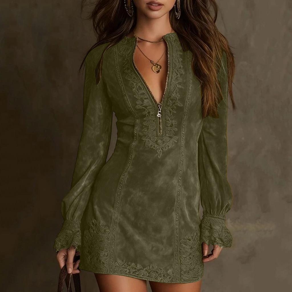 Damen Wildleder Kleid V-Ausschnitt Reißverschluss Spitze Langarm Farbe Vintage Kleid
