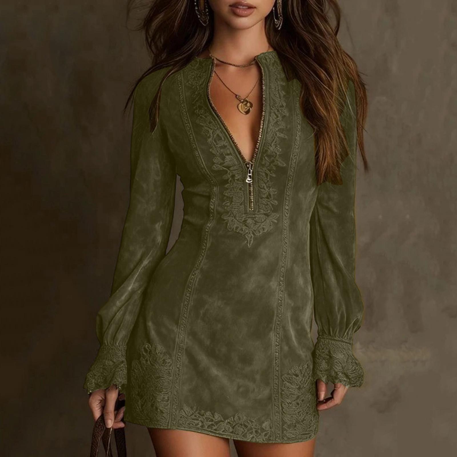 

Женское замшевое платье с V-образным вырезом, на молнии, с кружевом, с длинным рукавом, винтажное платье M