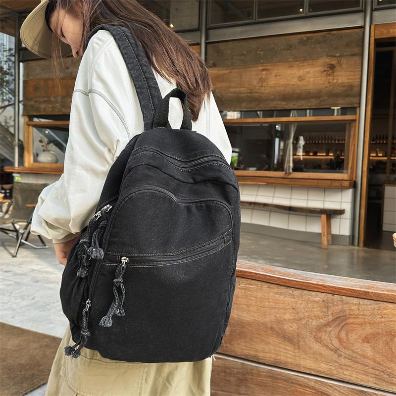 Denim Backpack Student Schoolbag Solid Color Backpack