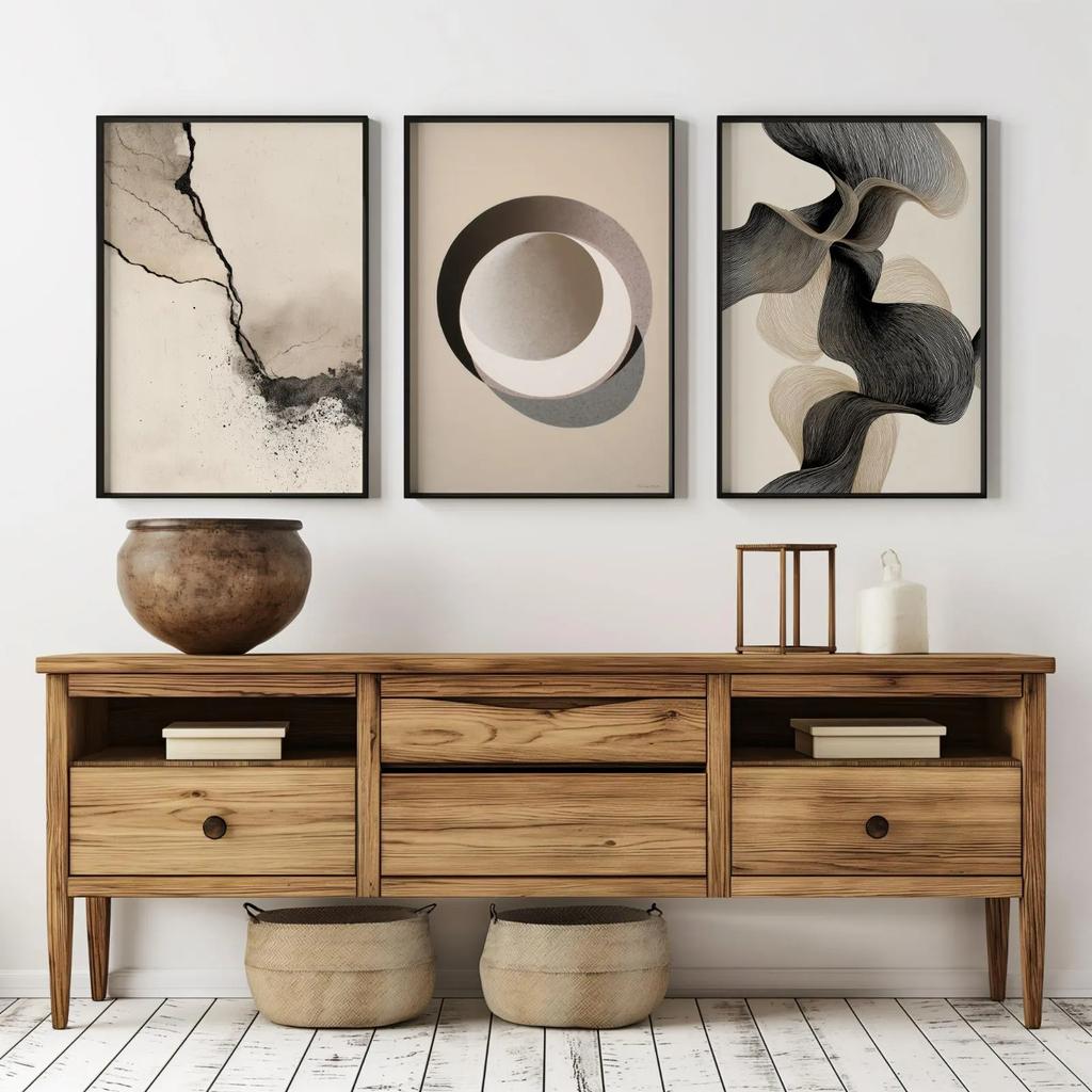 Wabi-Sabi Neutraal Abstract Wandkunst Set, Beige Zwart Geometrisch Organisch Canvas Prints, Minimalistische Woondecoratie & Perfecte Cadeaus