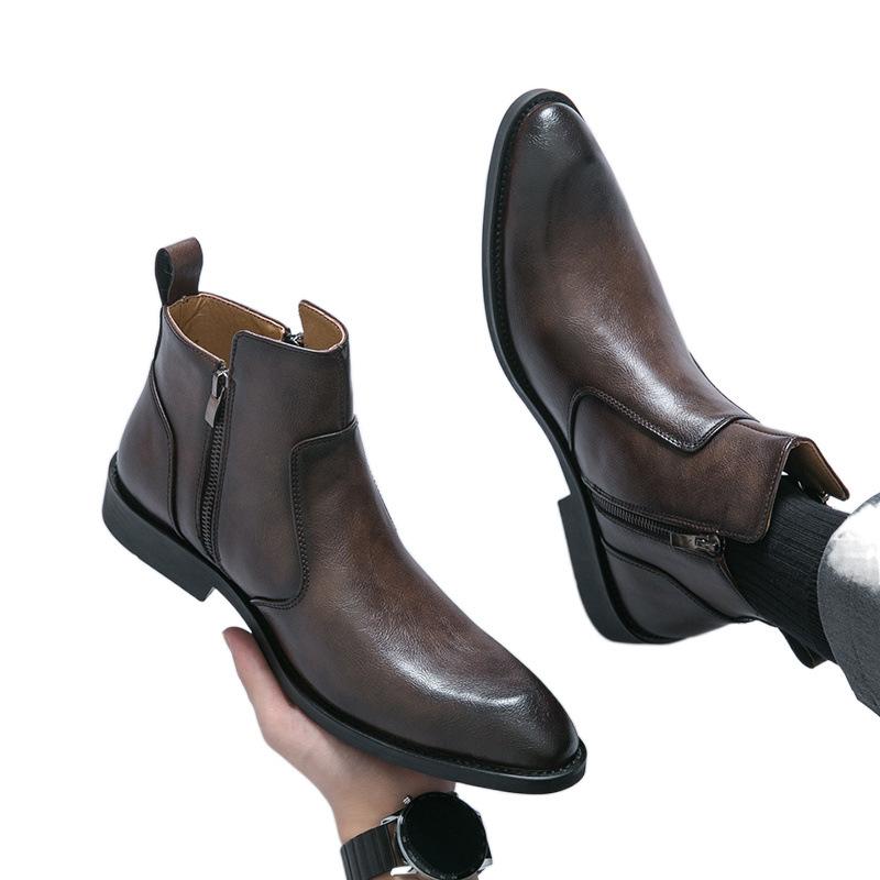 Chelsea Boots Spitz Hoher Schaft Leder Schuhe Friseur Martin Stiefel Reißverschluss Innen Erhöhend Freizeitstiefel