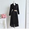 Solid Green Lace Splice One Piece Shirt Dress for Women Elegant Turn Down Collar Long Sleeve Belt Slim A-line Dress