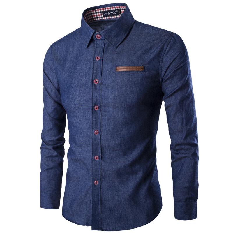 

Spring Autumn Hot Men s Casual Shirt Pocket Splicing Cotton Slim Fit Long Sleeved Shirt Cowboy Shirt Men XXXL темно-синього кольору