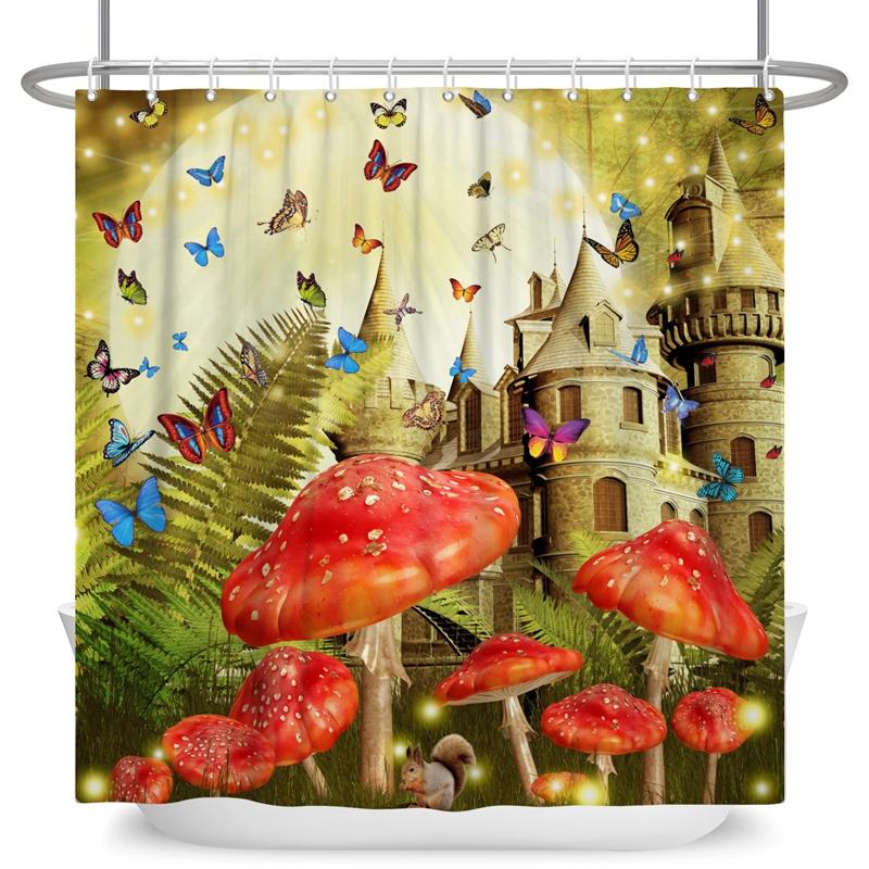 Enchanted Forest Shower Curtain Cartoon Magic Tale Mushroom Wonderland Gothic Shower Curtain Waterproof Bath Decor With Hooks