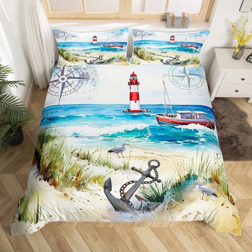 Sailboat Bedding Set Sailing Ship Comforter Cover Ocean Wave Nautical Duvet Cover For Kids Boys Girls Cartoon Ship