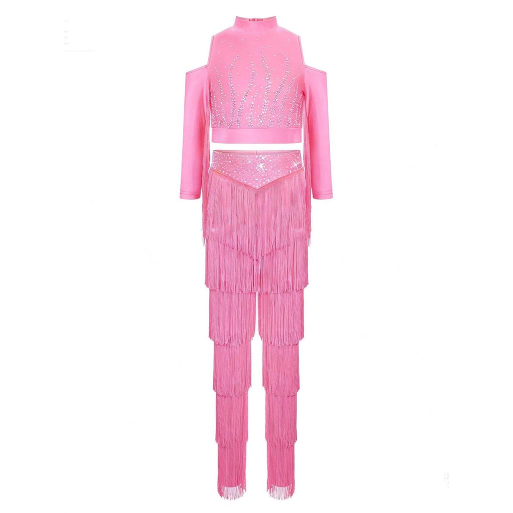 Set de pantaloni cu franjuri pe straturi pentru fete Talie elastică Crop top cu strasuri strălucitoare Ținută Latină
