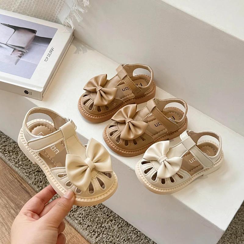 Little Girl's Sandals Hollow-out Bowknot Khaki Beige Cute Kids Sliders Hook-loop Cover Toe T-strap Stylish Children Shoes 23-36