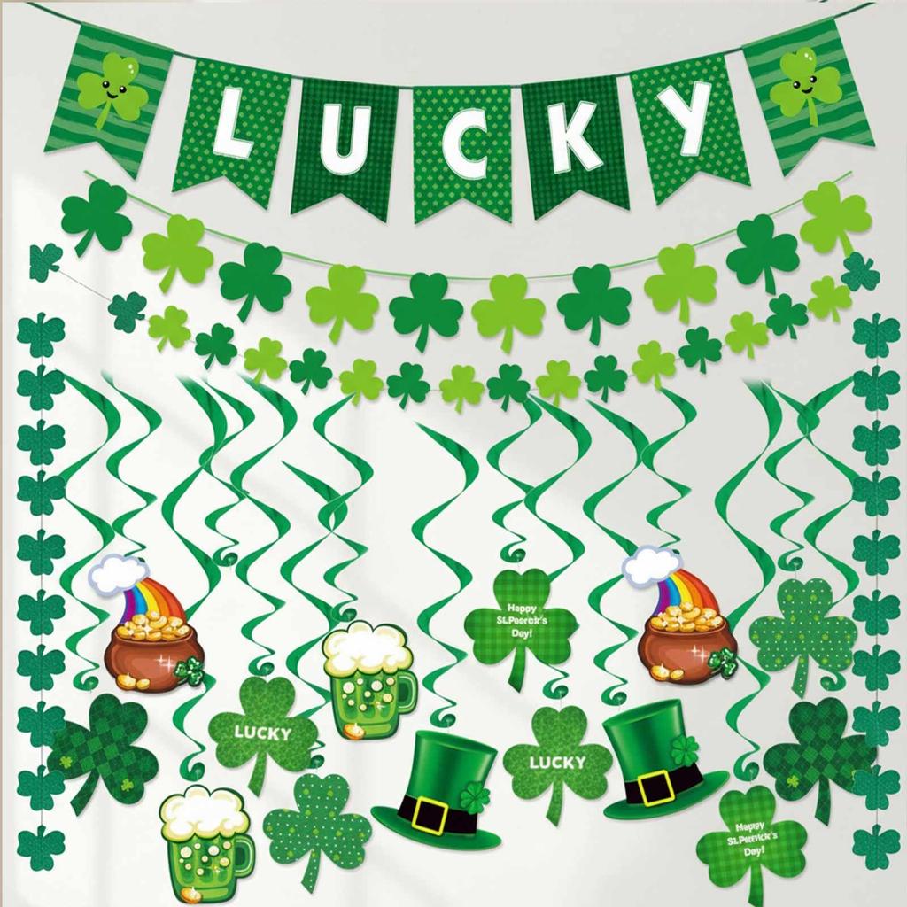 Lucky Banner Clover Hanging Swirls Garlands Shamrock Hanging Swirls Dangling Decor for Irish Decor Home Party Favors Supplies