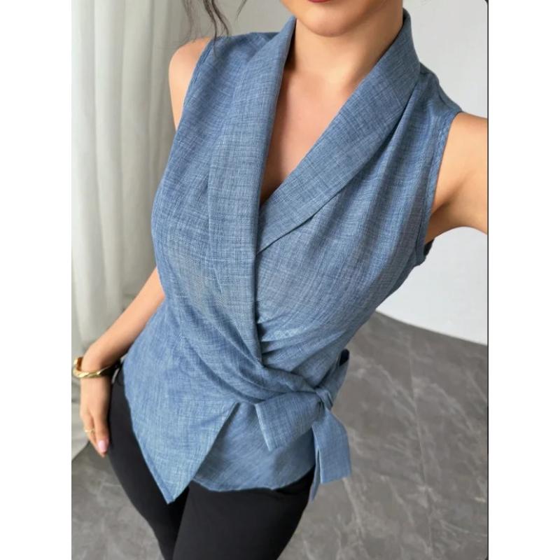 European and American fashion waist cinching tie up lapel shirt vest