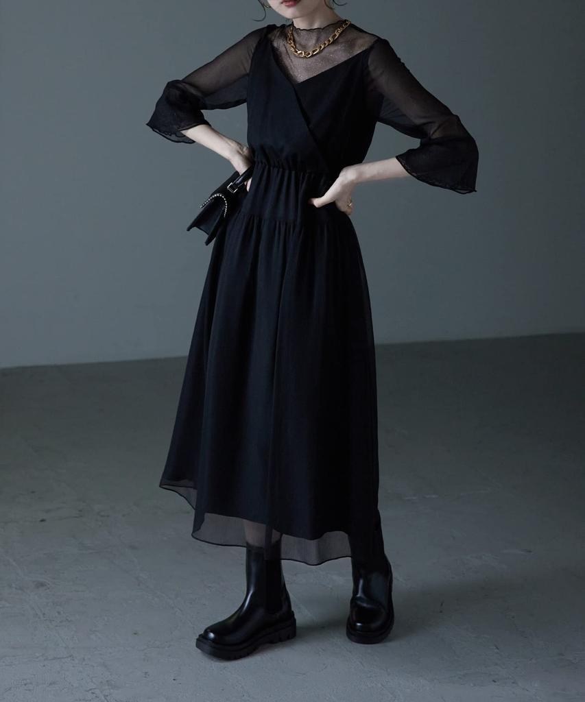 Tulle Chiffon Dress One Piece Black S [Etoll] Lamé Women's Cache-Coeur