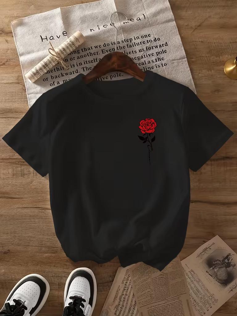 Womens Rose Floral Print Tshirt Soft Short Sleeve Casual Tee Elegant Rose Womens Tshirt for Daily Outfits and Relaxation