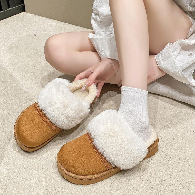 Fleece cotton slippers wear new flat-bottomed thick-soled large-size cotton slippers with one foot, lazy shoes