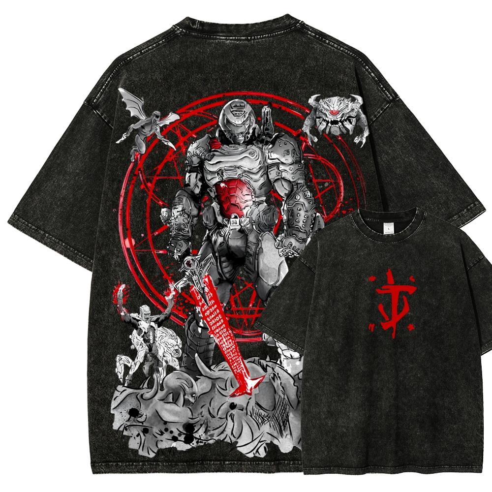 T-shirt Grafica Stile Retrò Gioco FPS Classico DOOM Uomo Donna Cotone Lavato Vintage Morbido Casual Oversize Top Estivo Nuova Maglietta
