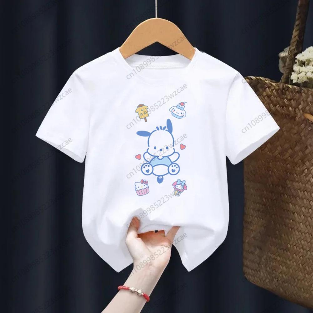 Kid Cute White Kawaii Pochacco T Shirt Children Short Sleeve Clothing Funny Cartoon Party Top Boys and Girl Tshirt