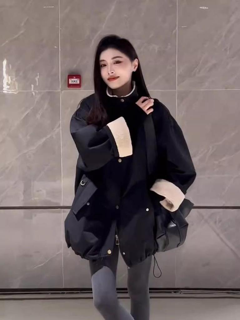 Women's 2024 Winter European Style Stand-Up Collar Fleece-Lined Thick Warm Lamb Wool Jacket Coat