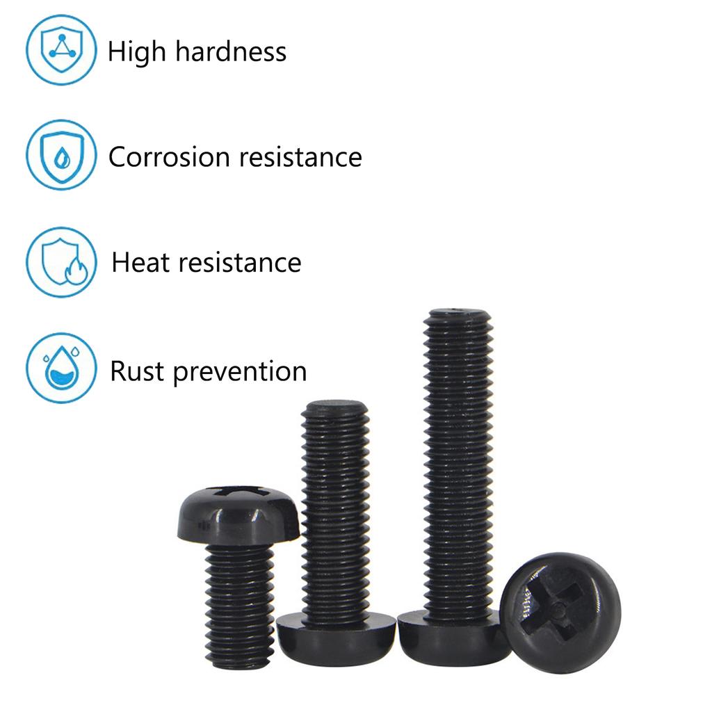 25Pcs M2-M8 Black Nylon Phillips Pan Head Machine Screws, Plastic Threaded Fasteners for Electronics & Industrial Use
