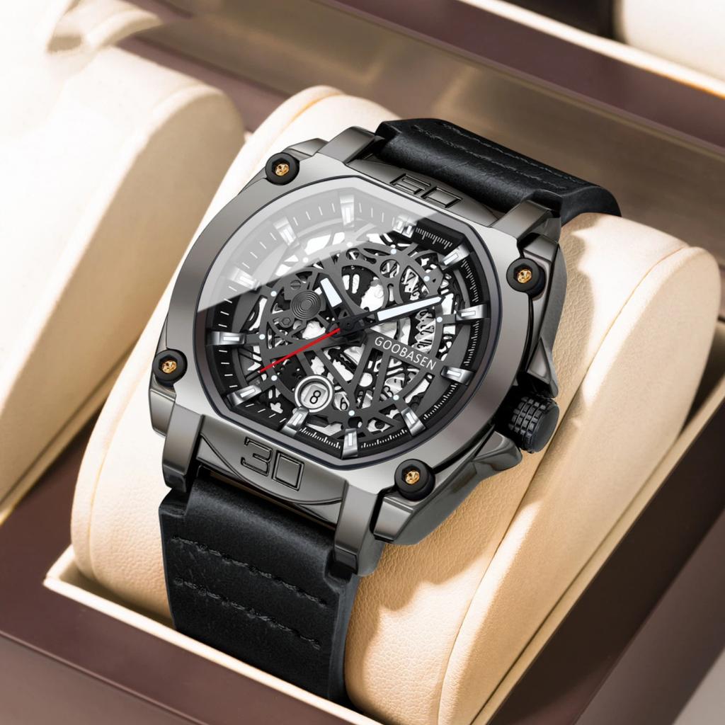 Fashion Sports Luminous Shaped Watch For Men Quartz Wristwatches Waterproof Skeleton Dial Leather Watches