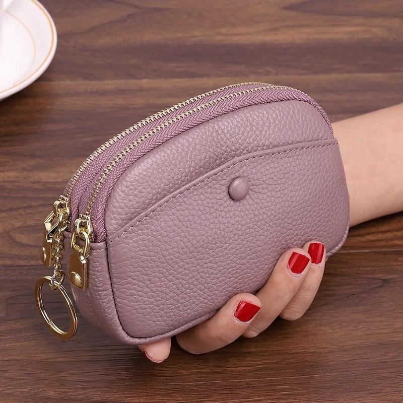 

Women Double Zipper Coin Purse Leather Small Wallet Key Holder Mini Card Pouch Portable Change Purse with Key Ring for Women темно-рожевого кольору