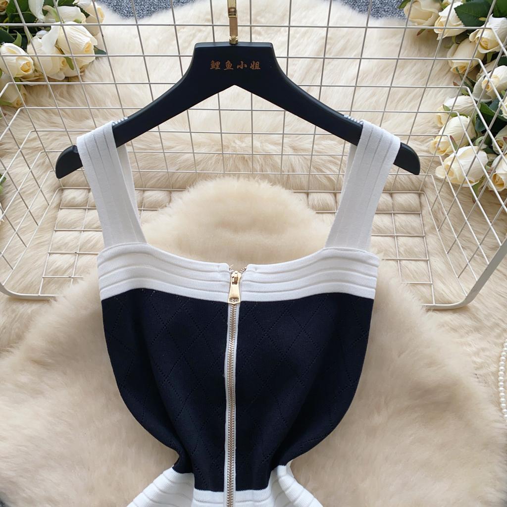 Senior Knitted Mini Dress Women Sleeveless Temperament Color Block Zipper Design Skinny Elastic Summer Basics Dresses