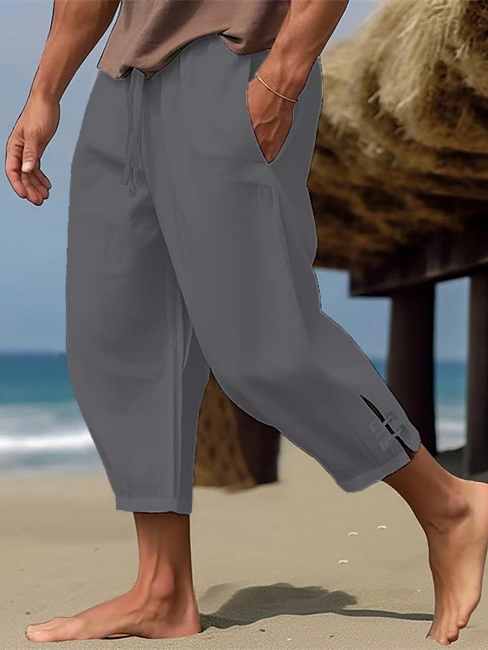 Men s Casual Cotton Linen Drawstring Waist Pocket Pants for Summer 2026 M