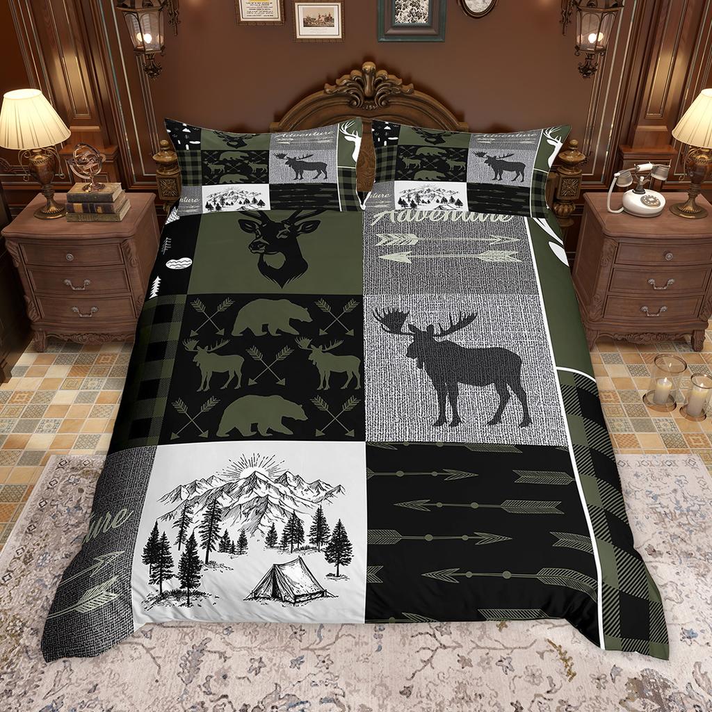 Homewish Rustic Farmhouse Plaid Duvet Cover Set Moose Bear Checkered Bedding Set Retro Cabin Lodge Comforter Cover Set