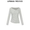 UR 2025 Autumn Women's Slim Fit Draped Pleated Long Sleeve T-Shirt