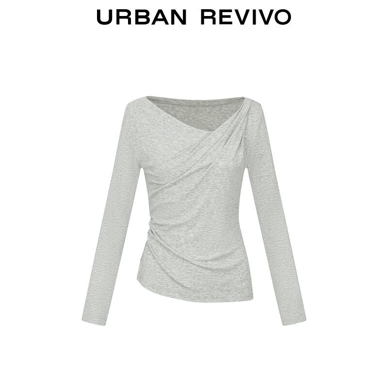 UR 2025 Autumn Women's Slim Fit Draped Pleated Long Sleeve T-Shirt