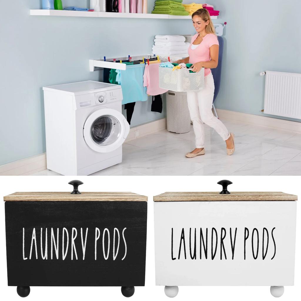 Laundry Pods Container Solid Wood Dryer Sheet Holder with Lid Multipurpose Dryer Storage Box for Laundry Room Kitchen Bathroom