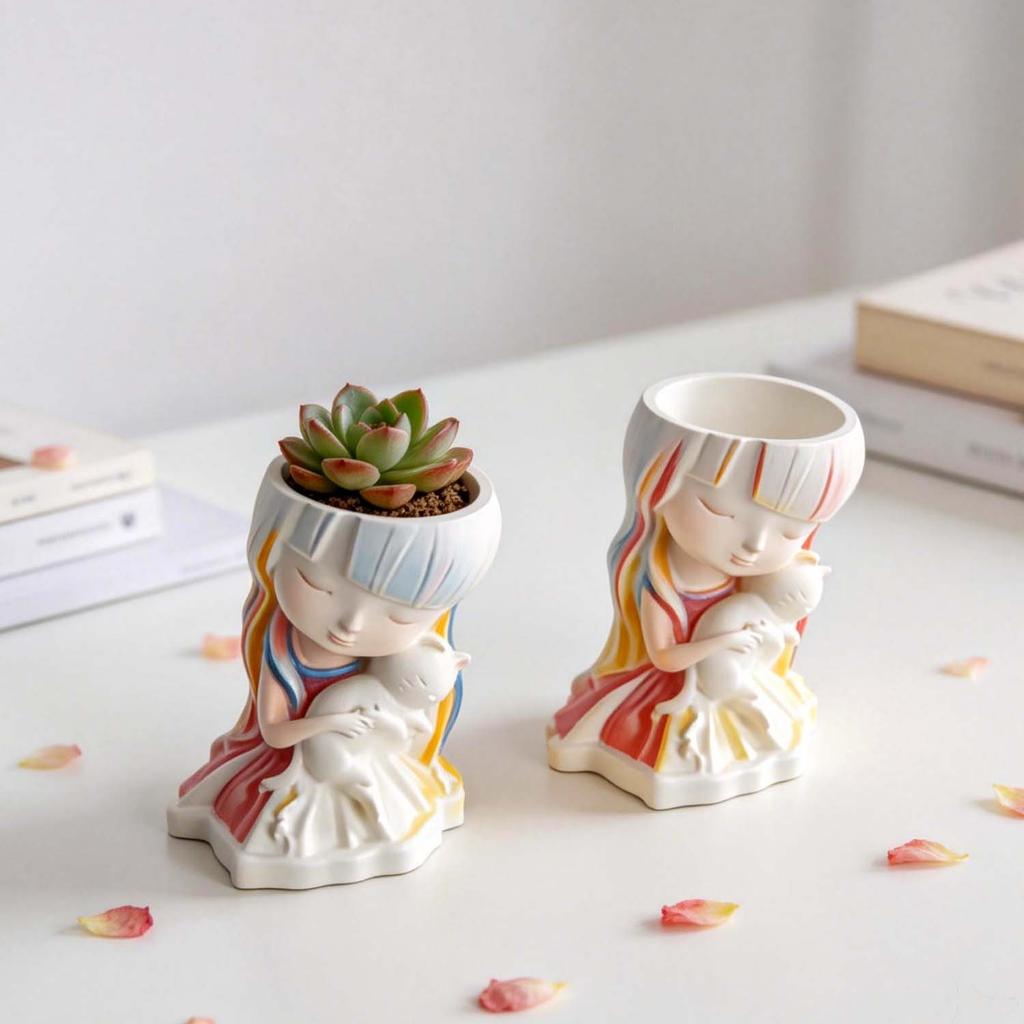 Cute Cat Hugging Girl Flower Pot 3D Silicone Mold for DIY Handmade Crafts Epoxy Resin Candle Plaster Crystal Making Home Decor