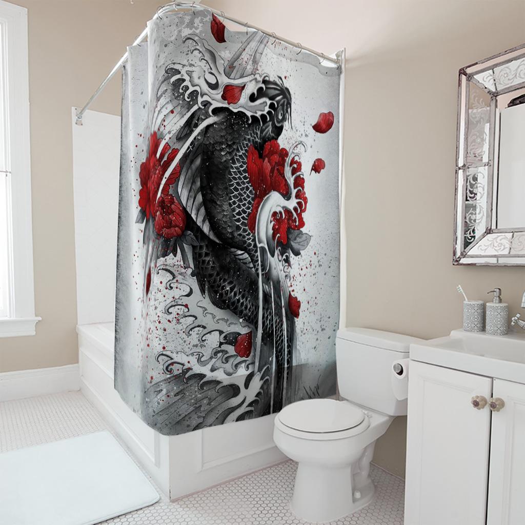 Japanese Koi Fish Ink Art Shower Curtain, Red Floral Wave Zen Bathroom Decor, Oriental Brush Painting Fabric Bath Curtain