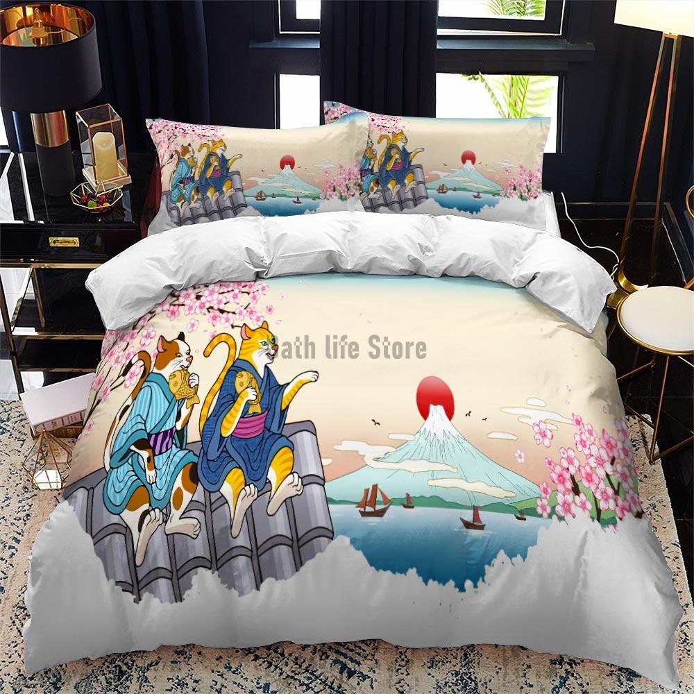 Set Letto Pittura Giapponese Paesaggio Stampato Per Bambini Ragazza Set Letto di Lusso Copripiumino Federa Elementi di Gioco
