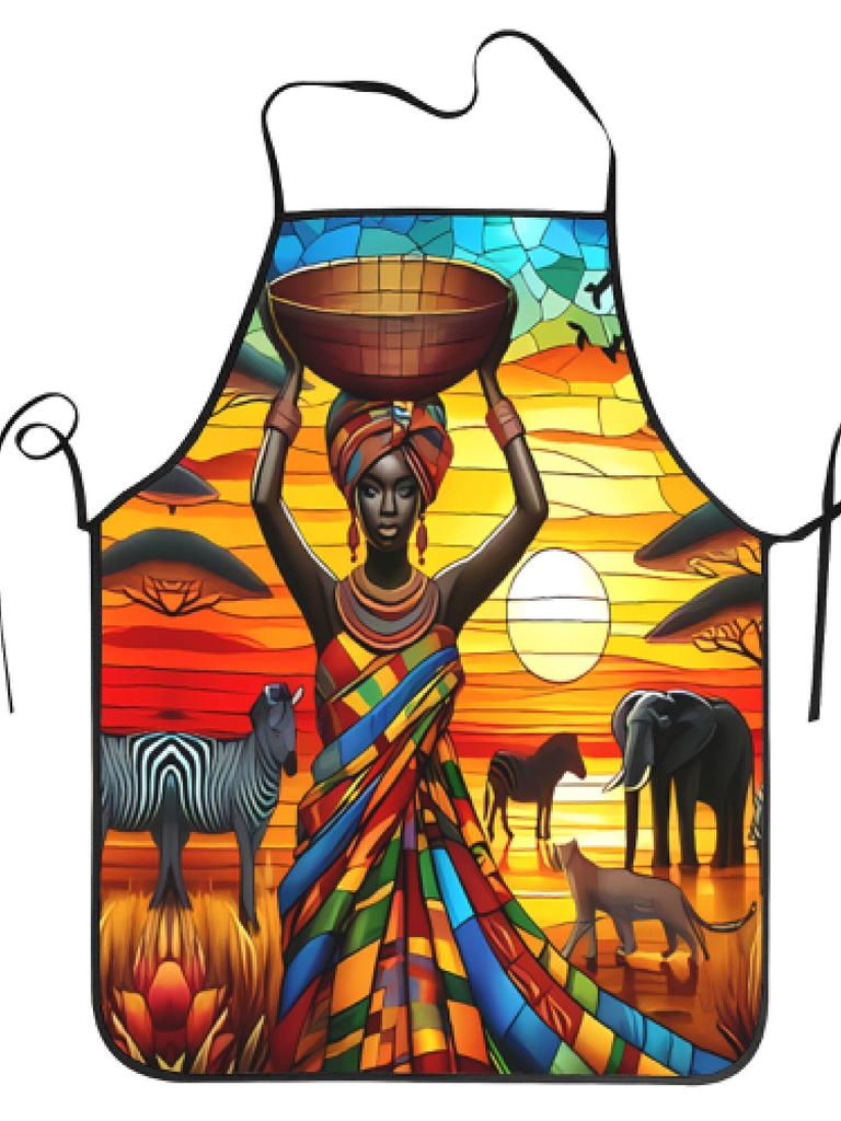 African Hunting-themed Apron, Vintage Style, Printed Kitchen Apron, Decorated with Unique African Women and Wildlife Patterns.