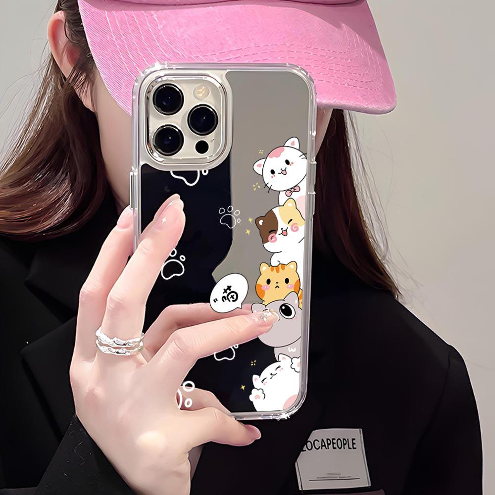 Japanese and Korean Cartoon Cute 16promax Mobile Phone Case Stacked Cat iPhone17 Cute Pet 12 High-end Makeup Mirror Case