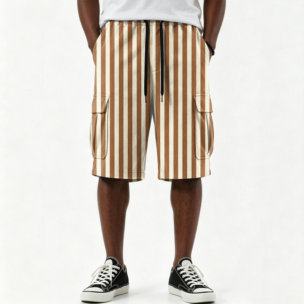 Men's Casual Striped Print Drawstring Shorts with Multiple Pockets Knee Length