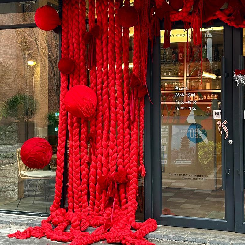 [Shop Front Decor] Red Velvet Ball Macrame Ornament for Spring Festival & New Year Backdrop