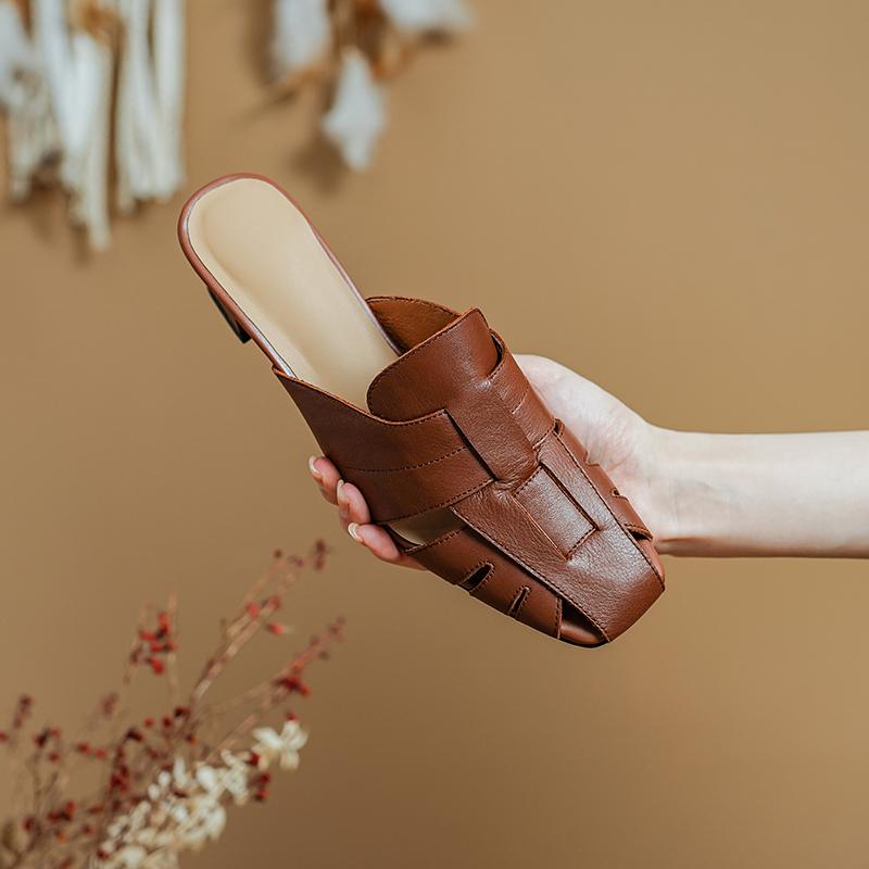 2024 Neue Elegante Damen Echtes Leder Dicke Hohe Absätze Pumps Frühling Sommer Komfort Lässige Schuhe Frau Mules Slipper Sandalen