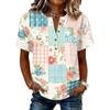 Women’s Vintage Patchwork Print Henley Button Neck Short Sleeve Cotton Linen Shirt Casual Loose Fit Top for Summer Daily Wear