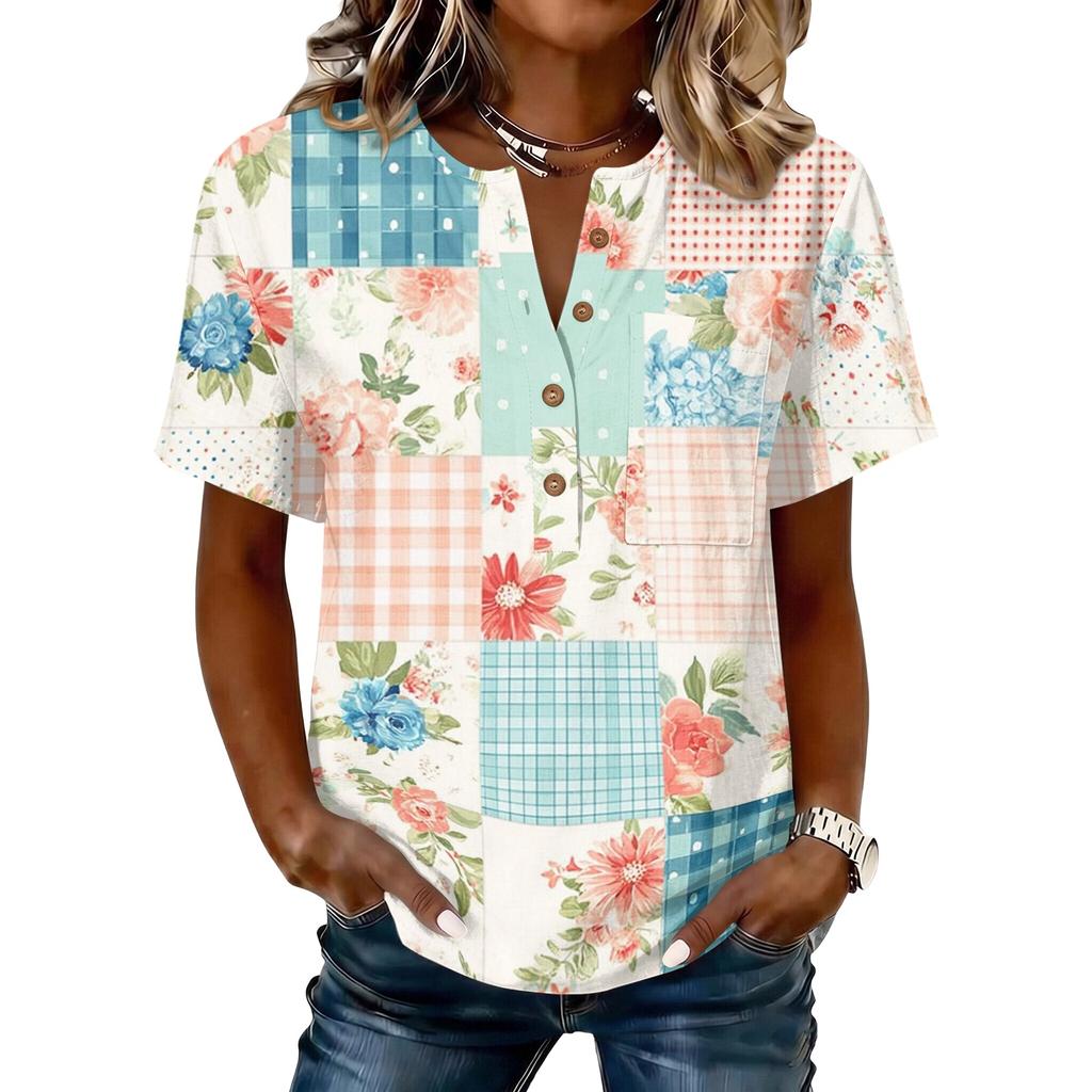 Women’s Vintage Patchwork Print Henley Button Neck Short Sleeve Cotton Linen Shirt Casual Loose Fit Top for Summer Daily Wear