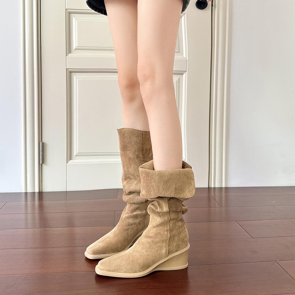 Over-knee boots women's winter fashion boots suede square head slope heel piled boots women's Korean version commuting two-wear pleated thin boots