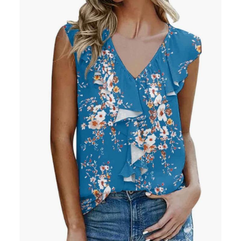 Women's plus size printed chiffon fungus trim T shirt