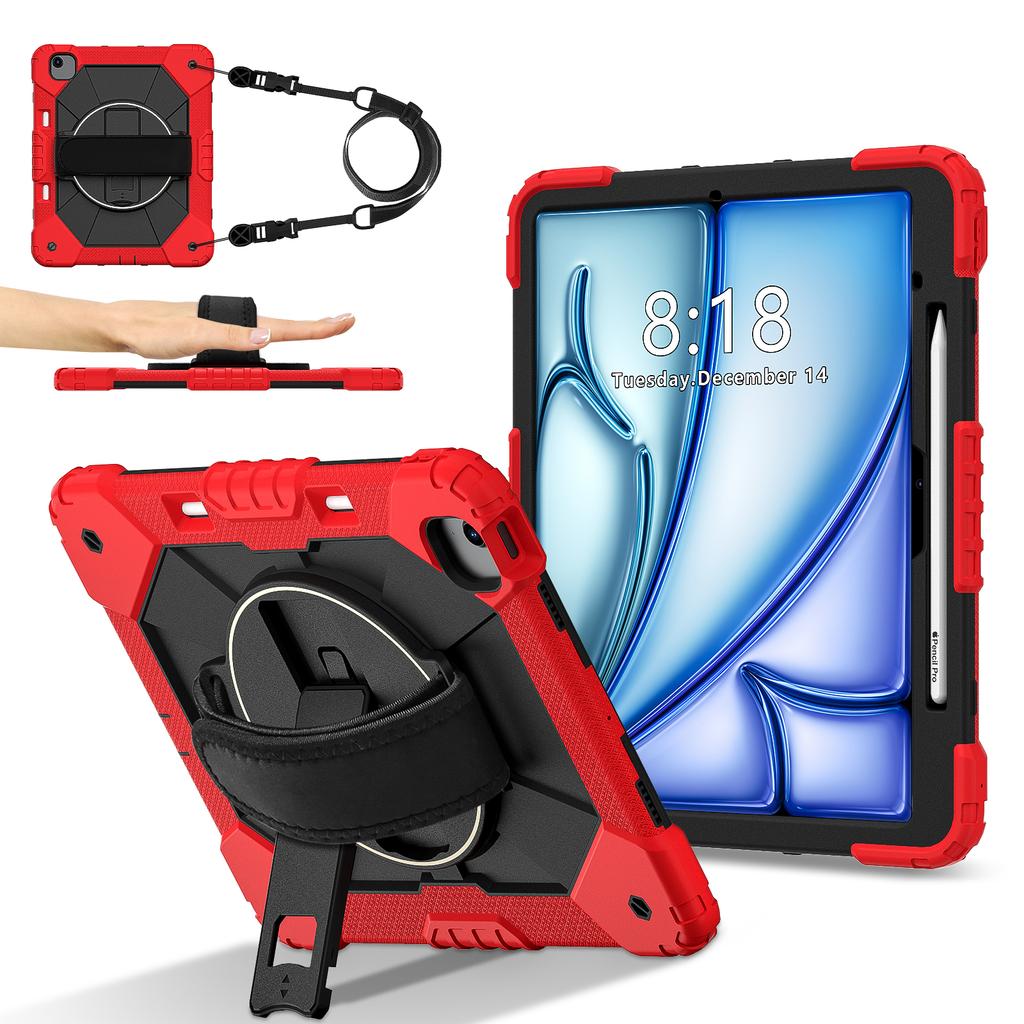 For iPad Air 13 (2025)/(2024) Case Silicone + PC Kickstand Tablet Cover with Handy Strap, Shoulder Strap