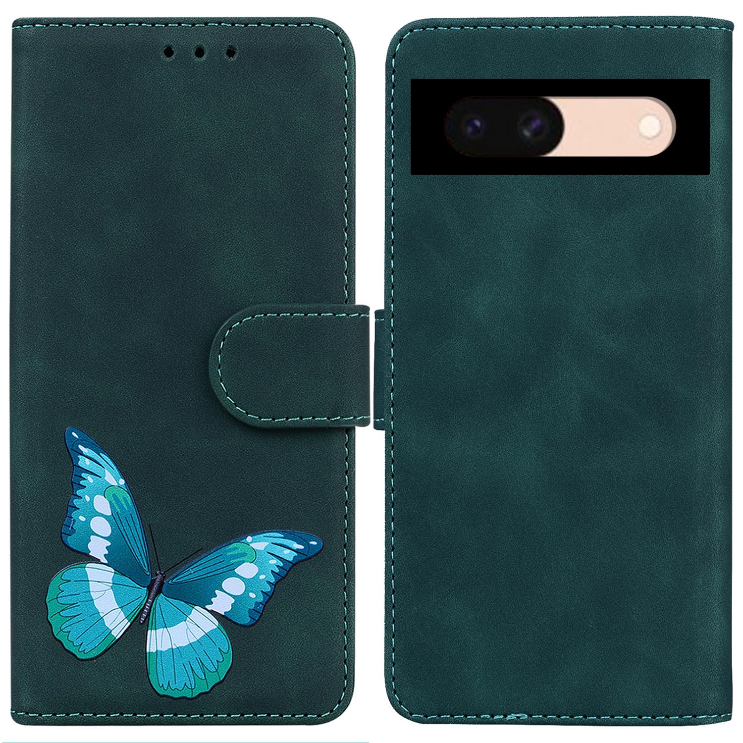 

For Google Pixel 8a Phone Case Butterfly Printing Wallet PU Leather Stand Cover Green